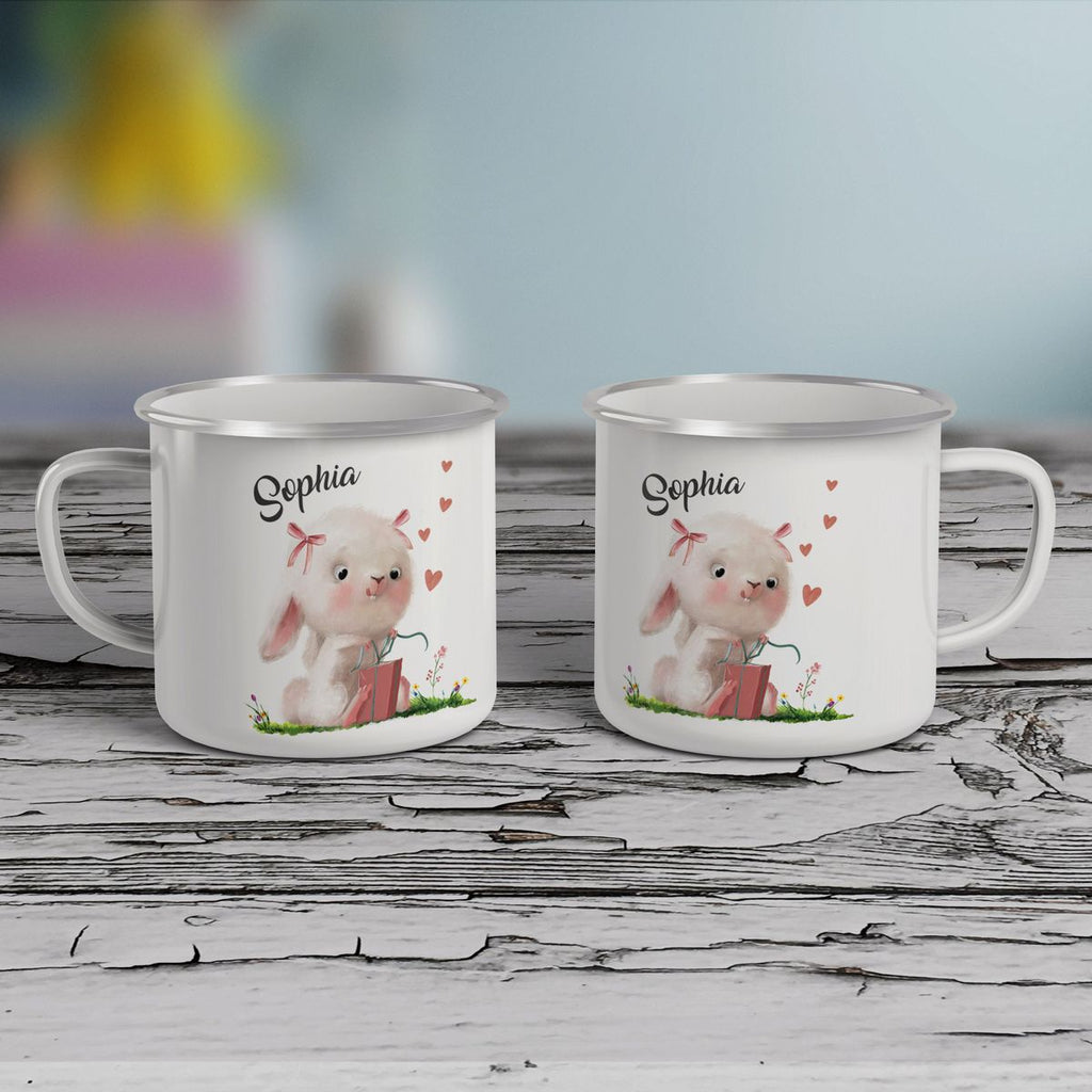 Emaille Tasse Niedlicher Hase mit Geschenk und Wunschname - von Mikalino