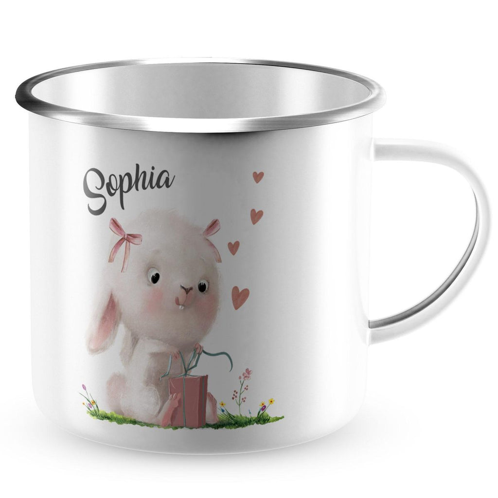 Emaille Tasse Niedlicher Hase mit Geschenk und Wunschname - von Mikalino