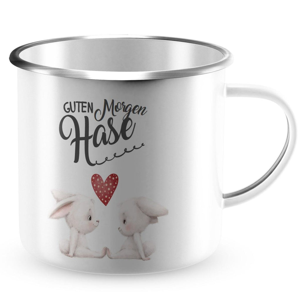 Emaille Tasse Guten Morgen Hase mit zwei süßen Häschen - von Mikalino