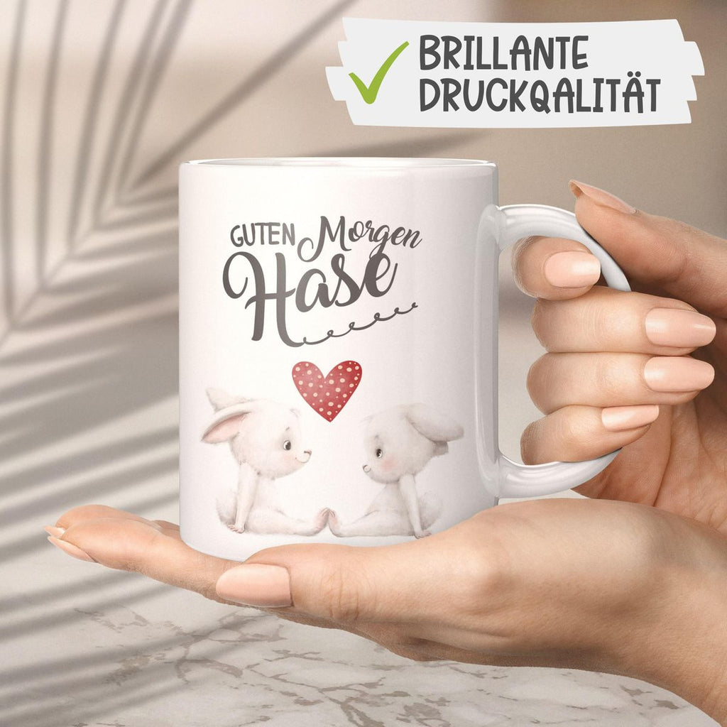 Keramik Tasse Guten Morgen Hase mit zwei süßen Häschen - von Mikalino