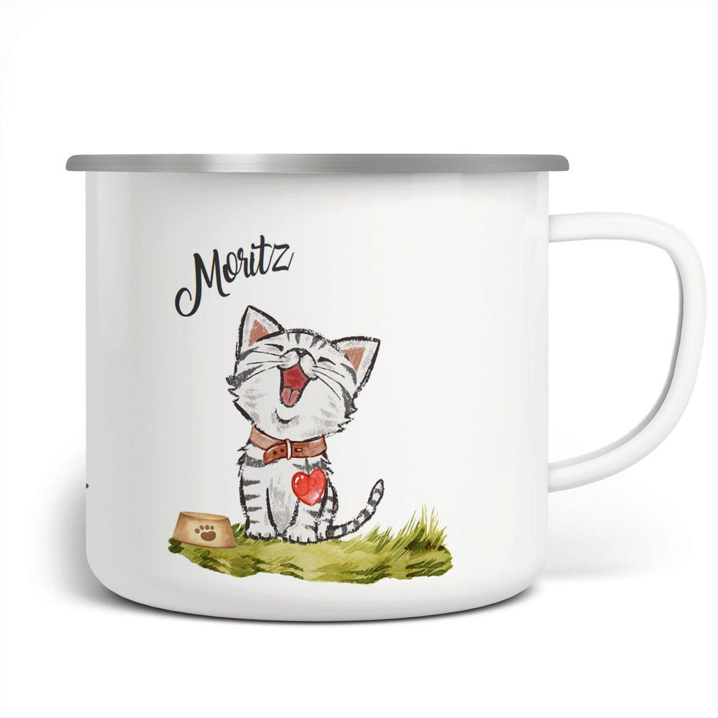 Emaille Tasse Lachende Katze mit Herz mit Wunschname - von Mikalino