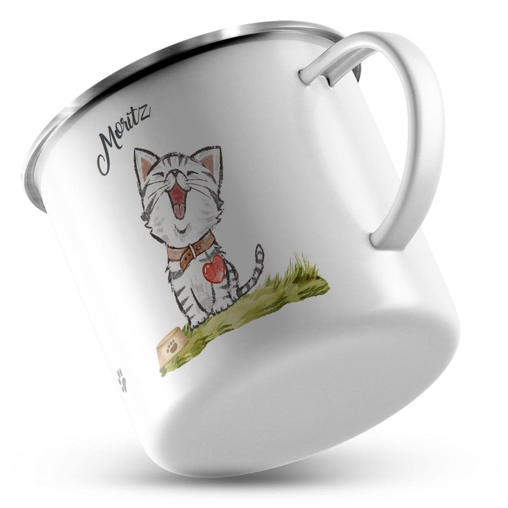 Emaille Tasse Lachende Katze mit Herz mit Wunschname - von Mikalino