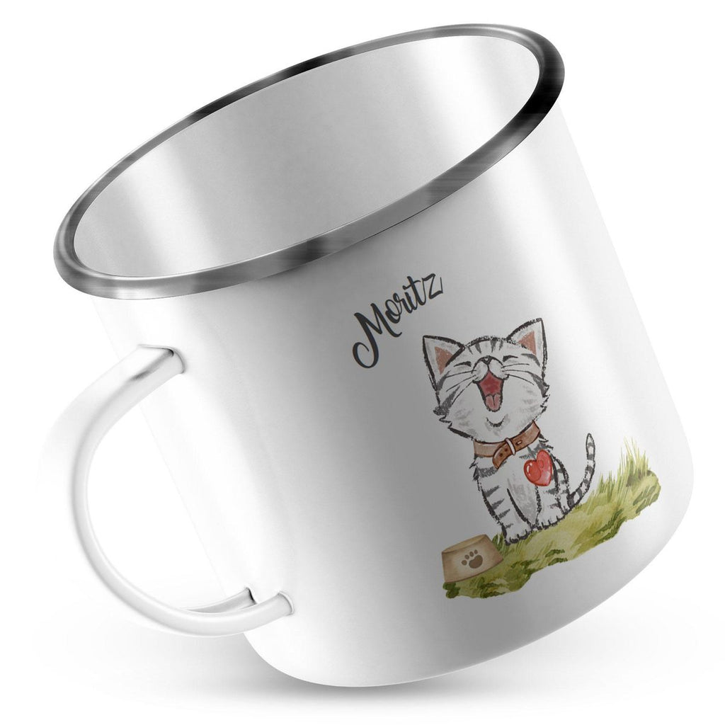 Emaille Tasse Lachende Katze mit Herz mit Wunschname - von Mikalino