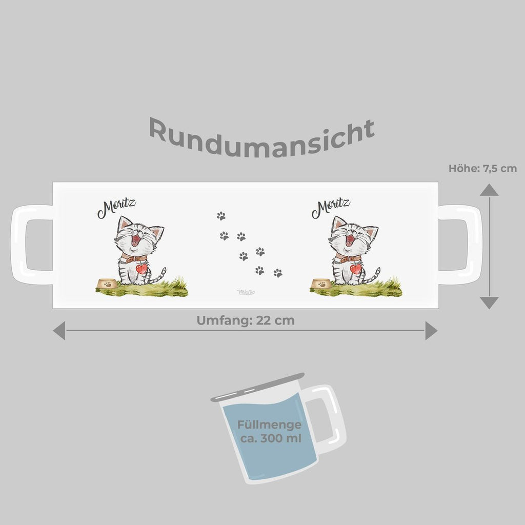 Emaille Tasse Lachende Katze mit Herz mit Wunschname - von Mikalino