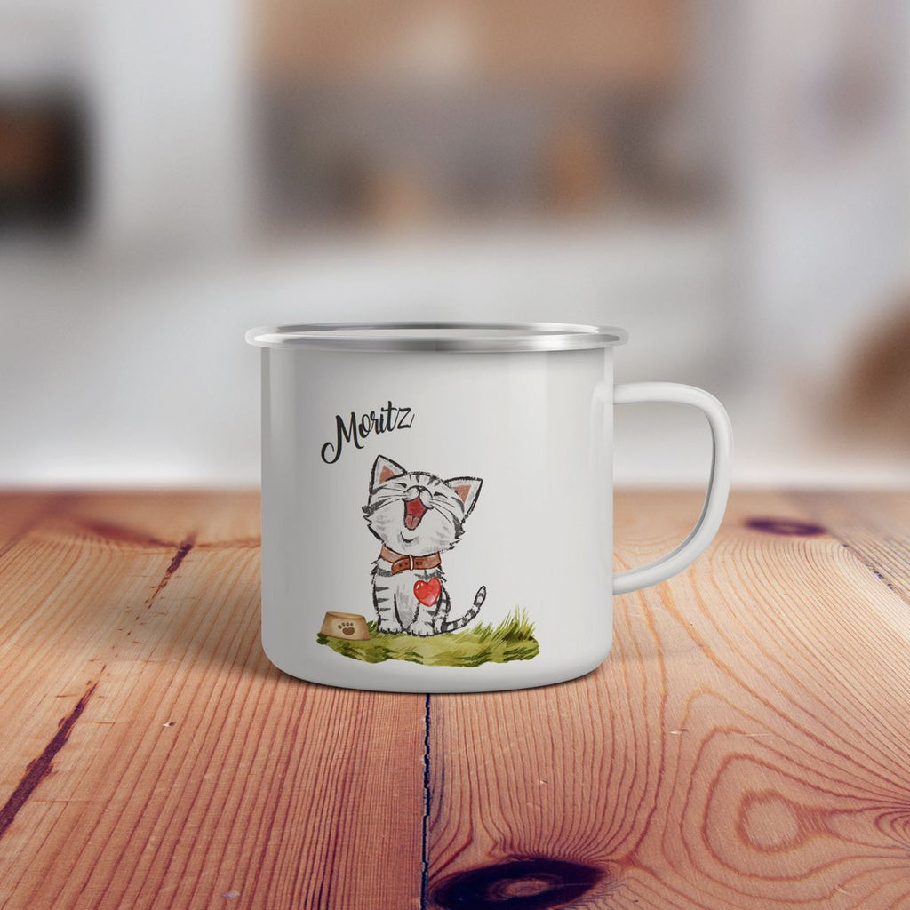 Emaille Tasse Lachende Katze mit Herz mit Wunschname - von Mikalino