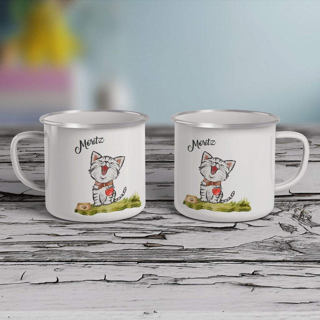 Emaille Tasse Lachende Katze mit Herz mit Wunschname - von Mikalino