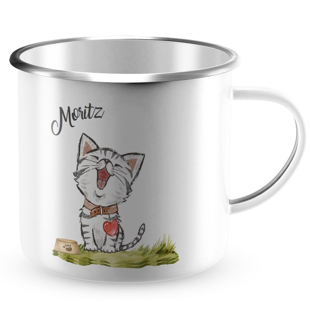 Emaille Tasse Lachende Katze mit Herz mit Wunschname - von Mikalino