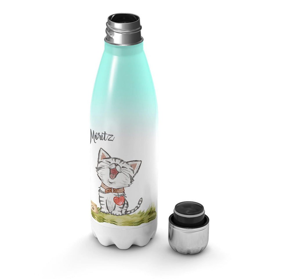 Thermo Trinkflasche Lachende Katze mit Herz mit Wunschname - von Mikalino