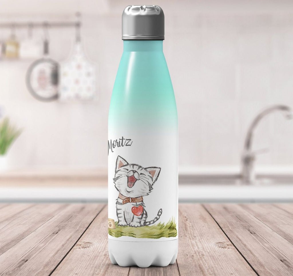 Thermo Trinkflasche Lachende Katze mit Herz mit Wunschname - von Mikalino