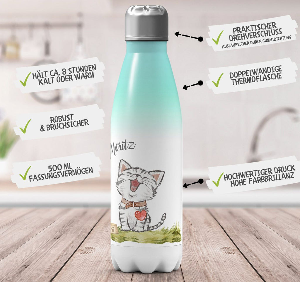 Thermo Trinkflasche Lachende Katze mit Herz mit Wunschname - von Mikalino