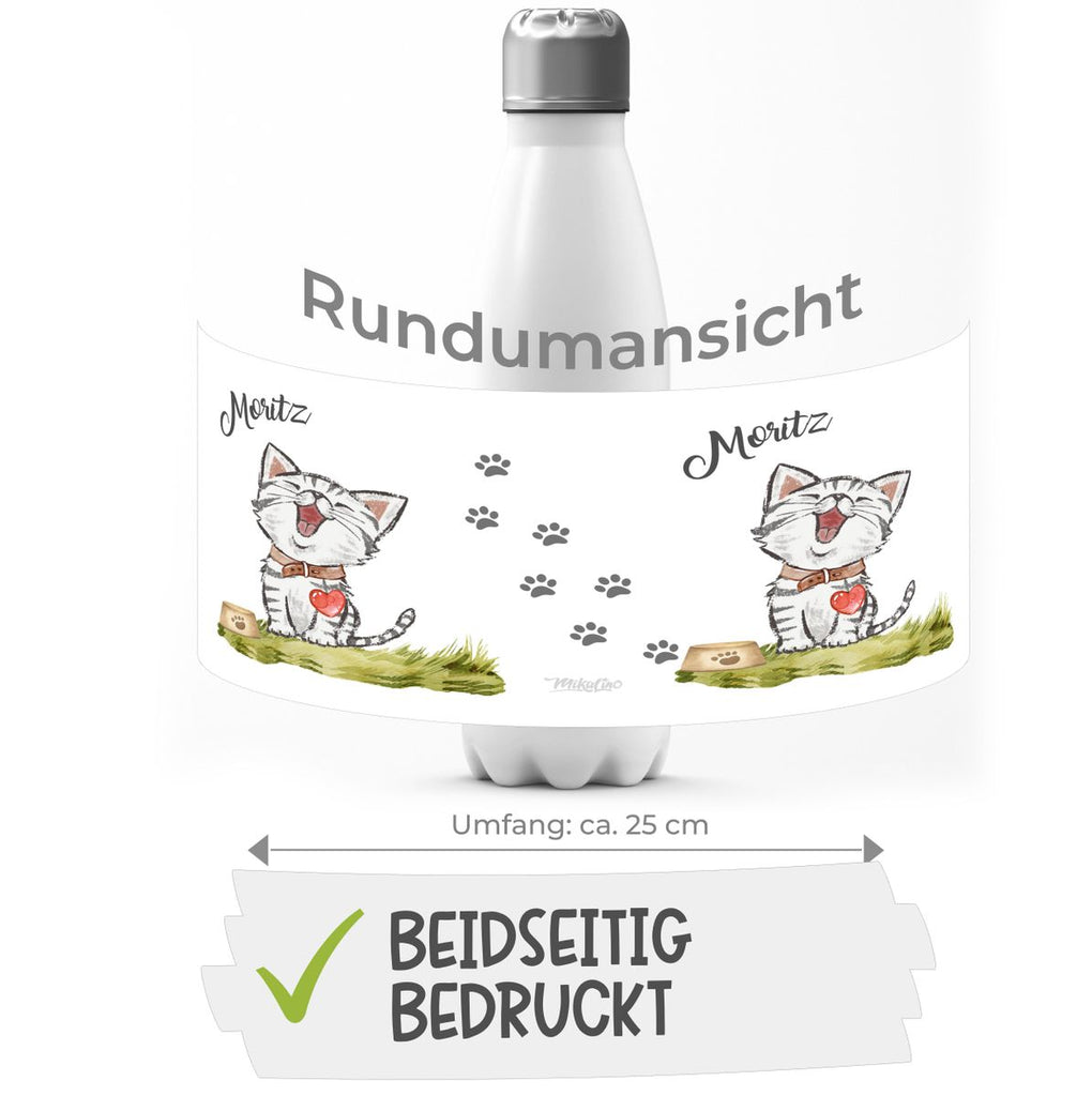 Thermo Trinkflasche Lachende Katze mit Herz mit Wunschname - von Mikalino