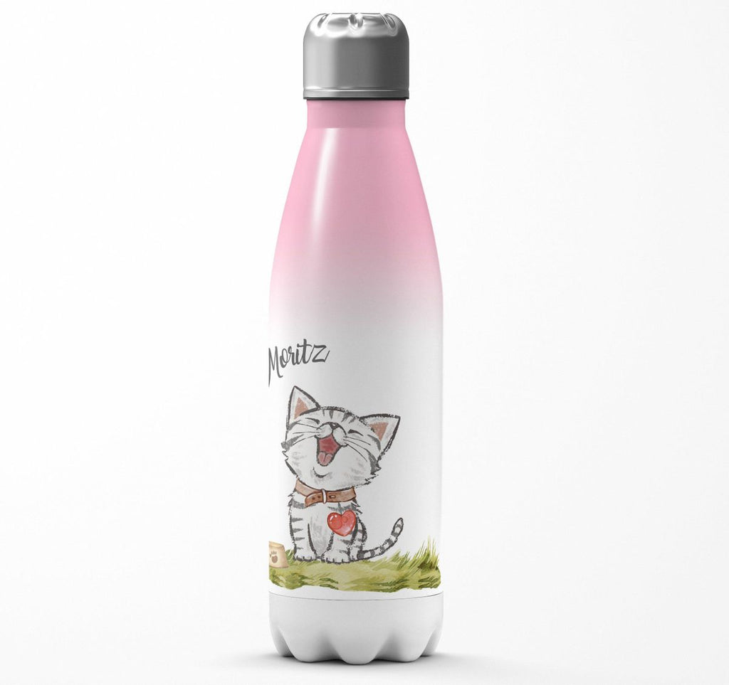 Thermo Trinkflasche Lachende Katze mit Herz mit Wunschname - von Mikalino