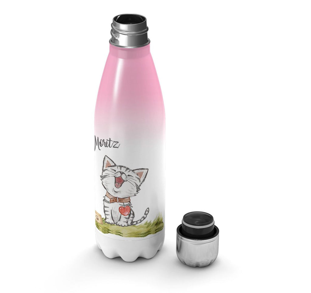 Thermo Trinkflasche Lachende Katze mit Herz mit Wunschname - von Mikalino