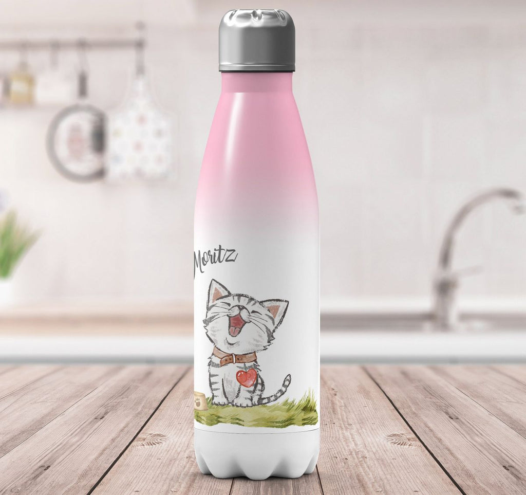 Thermo Trinkflasche Lachende Katze mit Herz mit Wunschname - von Mikalino