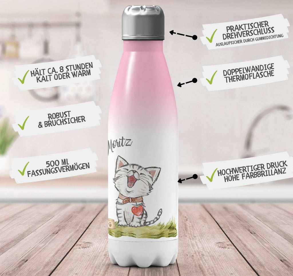 Thermo Trinkflasche Lachende Katze mit Herz mit Wunschname - von Mikalino