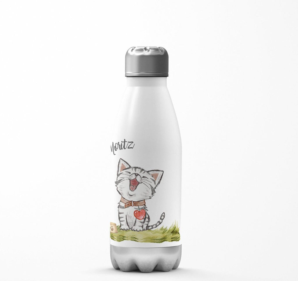 Thermo Trinkflasche Lachende Katze mit Herz mit Wunschname - von Mikalino