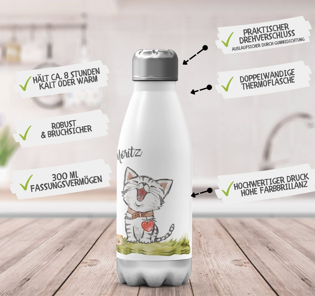 Thermo Trinkflasche Lachende Katze mit Herz mit Wunschname - von Mikalino