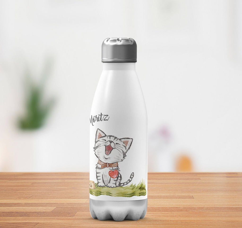 Thermo Trinkflasche Lachende Katze mit Herz mit Wunschname - von Mikalino