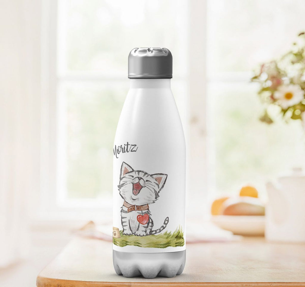 Thermo Trinkflasche Lachende Katze mit Herz mit Wunschname - von Mikalino