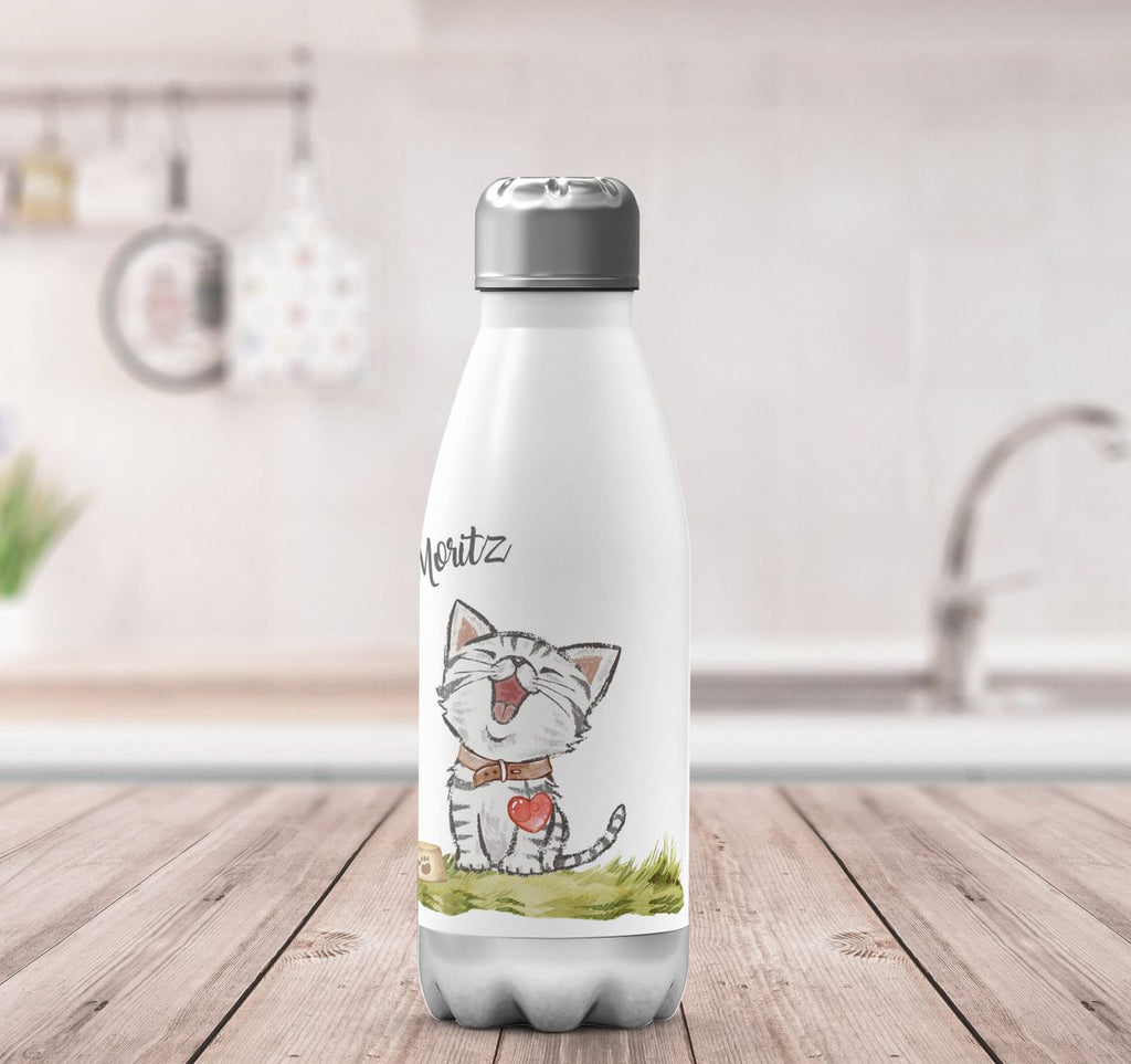 Thermo Trinkflasche Lachende Katze mit Herz mit Wunschname - von Mikalino