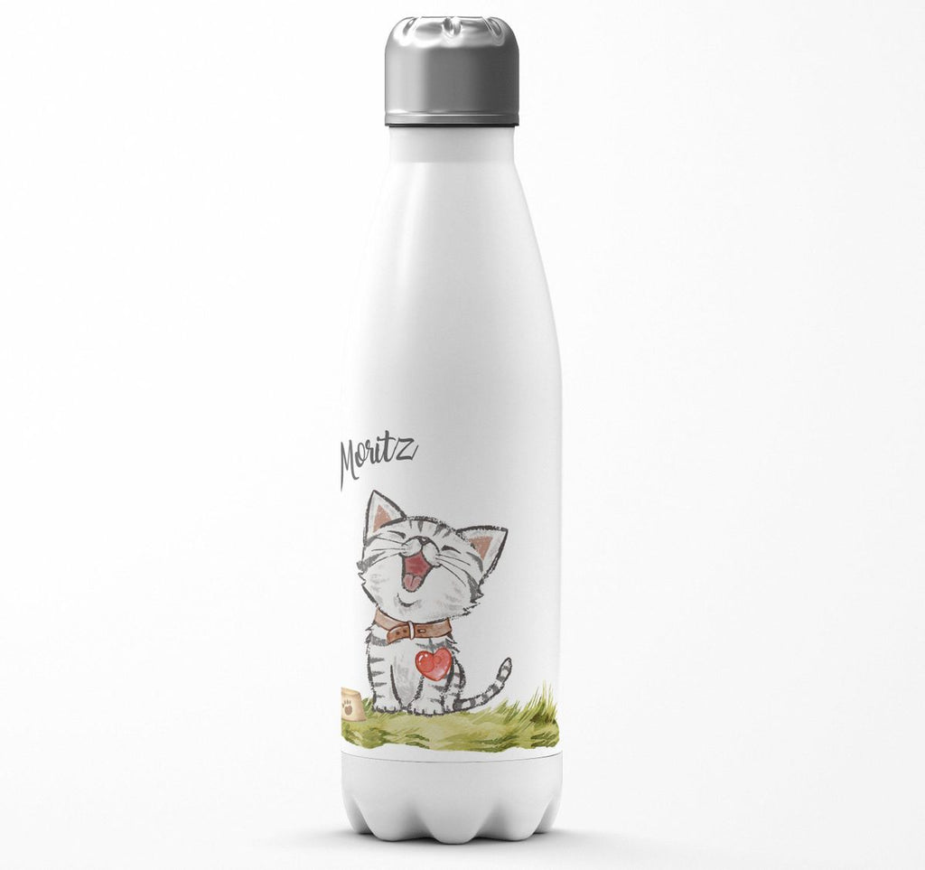 Thermo Trinkflasche Lachende Katze mit Herz mit Wunschname - von Mikalino