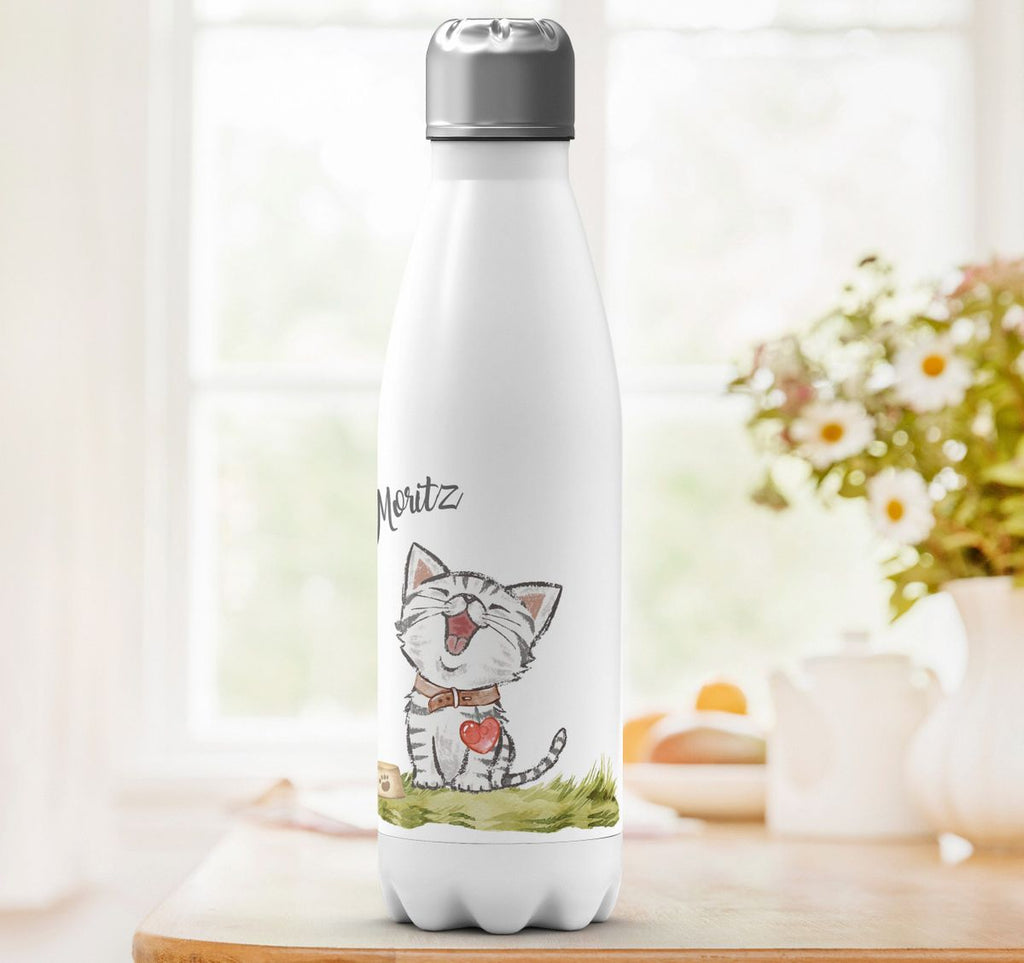 Thermo Trinkflasche Lachende Katze mit Herz mit Wunschname - von Mikalino