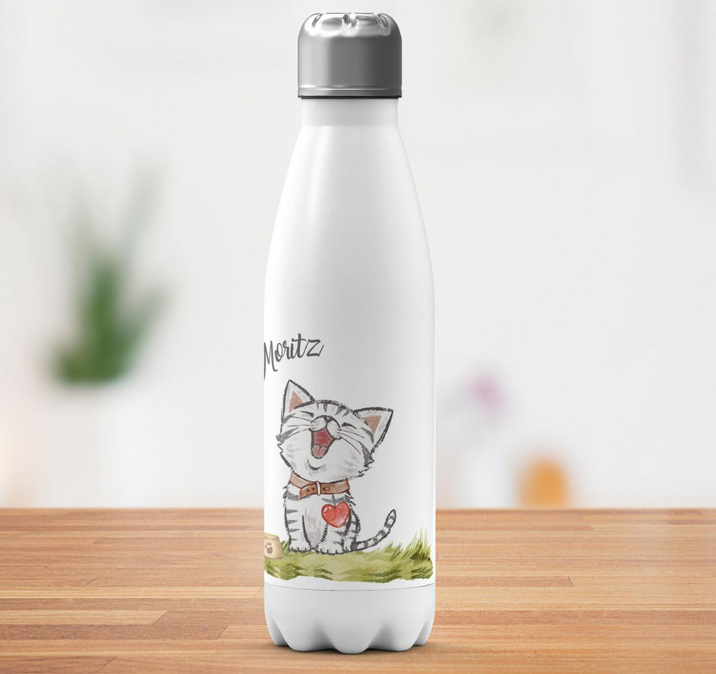 Thermo Trinkflasche Lachende Katze mit Herz mit Wunschname - von Mikalino