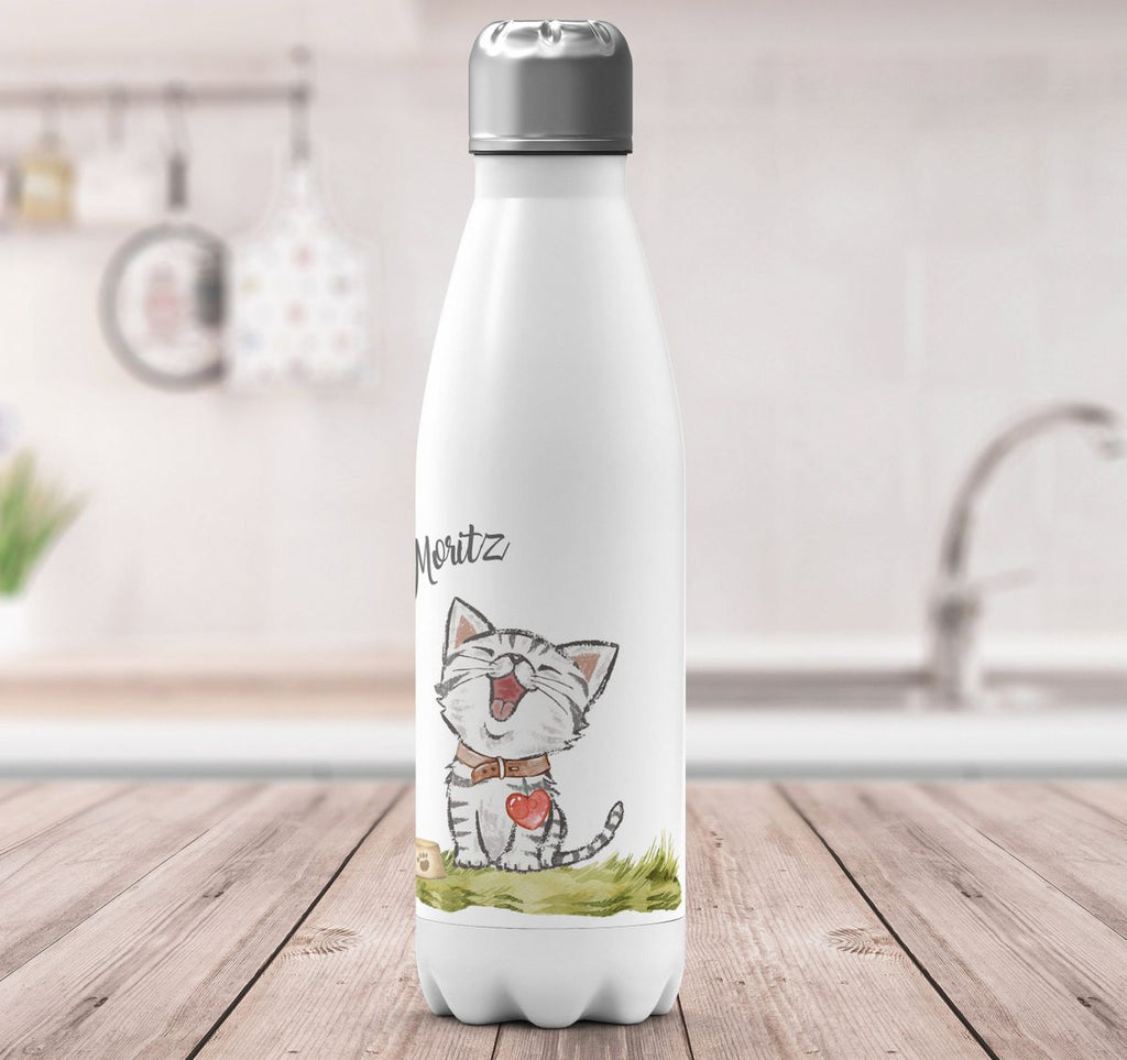 Thermo Trinkflasche Lachende Katze mit Herz mit Wunschname - von Mikalino