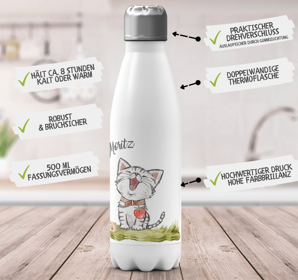 Thermo Trinkflasche Lachende Katze mit Herz mit Wunschname - von Mikalino