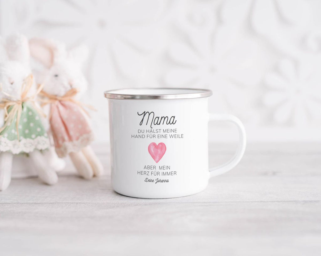 Emaille Tasse Mama, du hältst meine Hand für eine Weile, aber mein Herz für immer mit Wunschname - von Mikalino