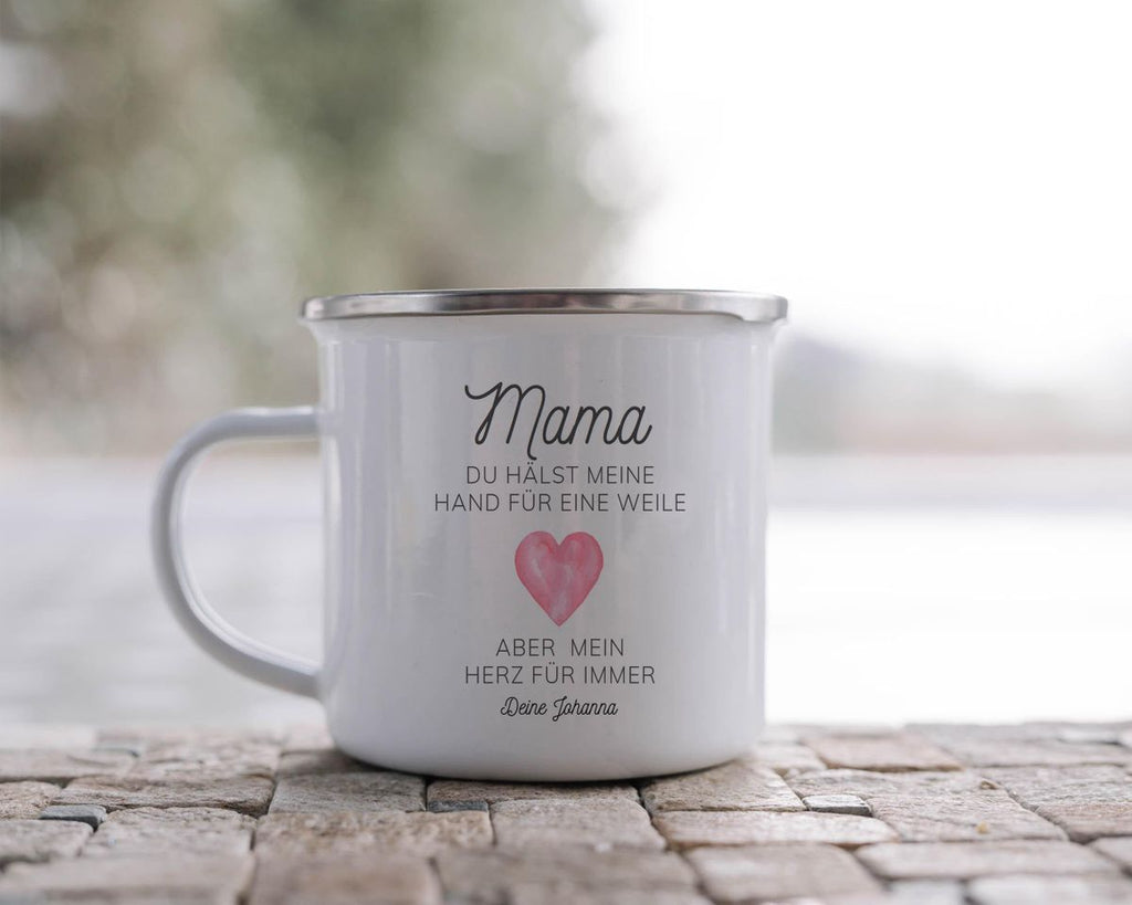 Emaille Tasse Mama, du hältst meine Hand für eine Weile, aber mein Herz für immer mit Wunschname - von Mikalino