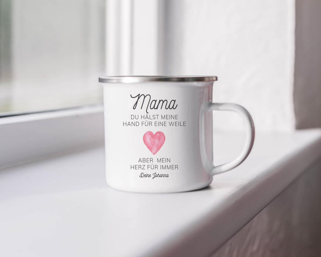 Emaille Tasse Mama, du hältst meine Hand für eine Weile, aber mein Herz für immer mit Wunschname - von Mikalino