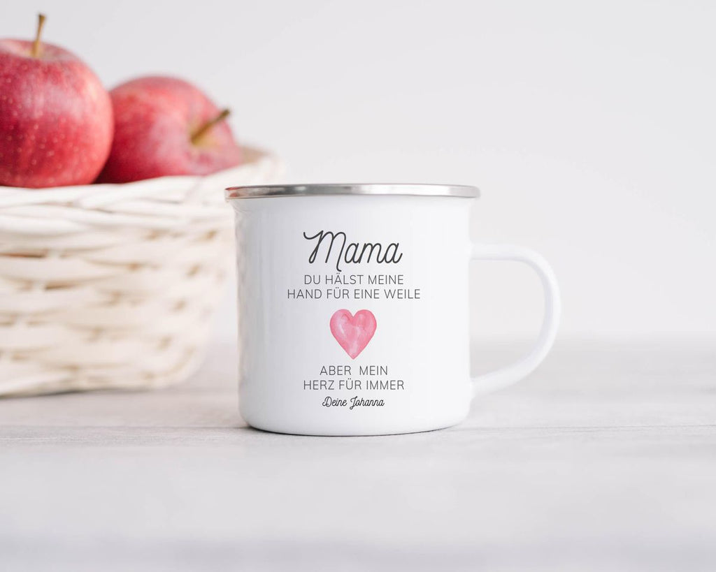 Emaille Tasse Mama, du hältst meine Hand für eine Weile, aber mein Herz für immer mit Wunschname - von Mikalino