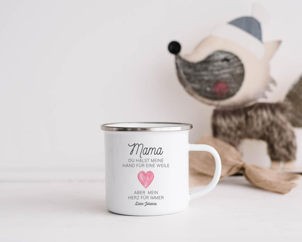 Emaille Tasse Mama, du hältst meine Hand für eine Weile, aber mein Herz für immer mit Wunschname - von Mikalino