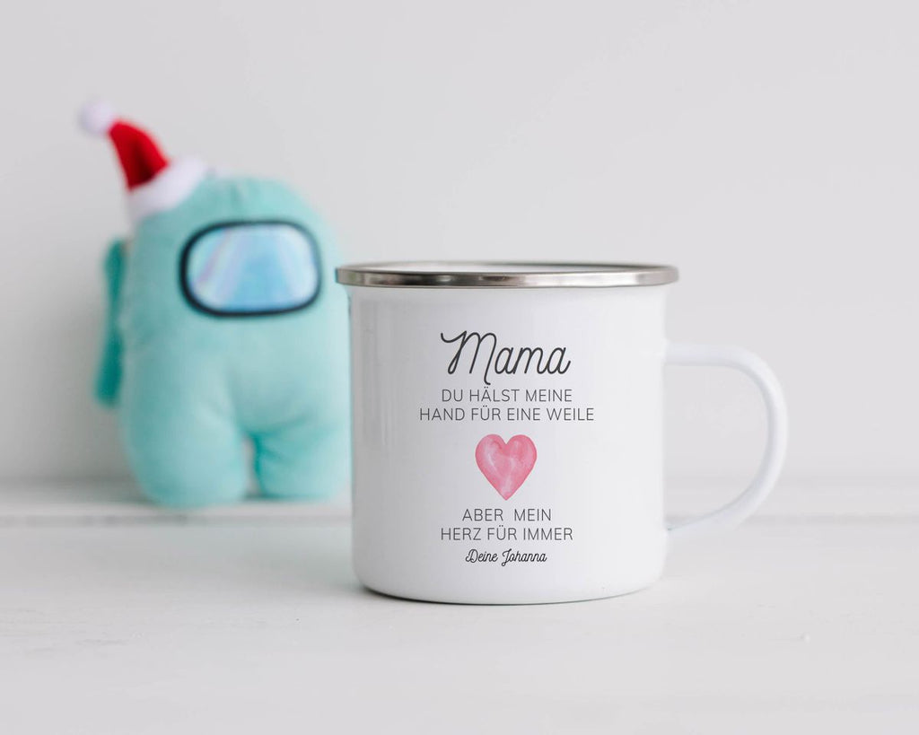 Emaille Tasse Mama, du hältst meine Hand für eine Weile, aber mein Herz für immer mit Wunschname - von Mikalino