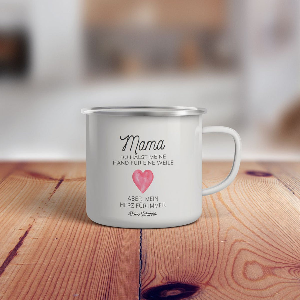 Emaille Tasse Mama, du hältst meine Hand für eine Weile, aber mein Herz für immer mit Wunschname - von Mikalino