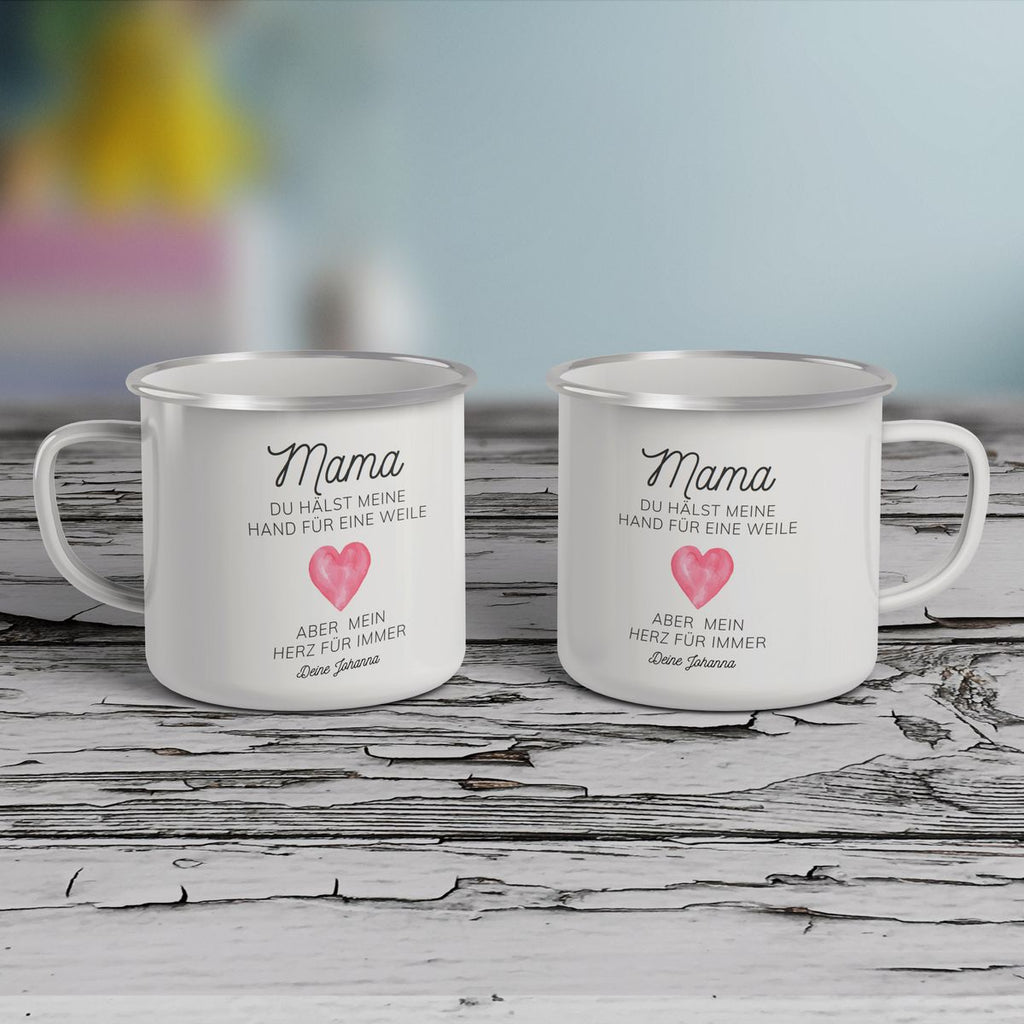 Emaille Tasse Mama, du hältst meine Hand für eine Weile, aber mein Herz für immer mit Wunschname - von Mikalino