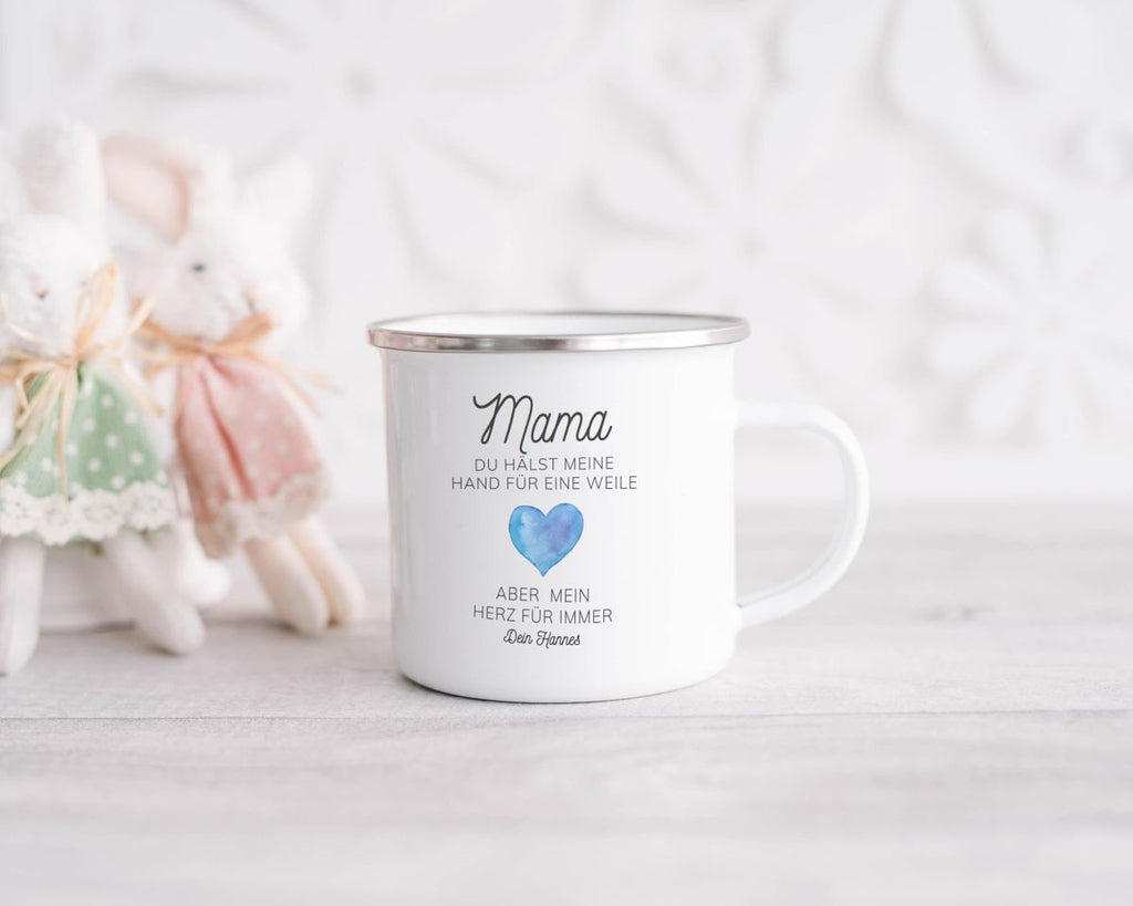 Emaille Tasse Mama, du hältst meine Hand für eine Weile, aber mein Herz für immer mit Wunschname - von Mikalino