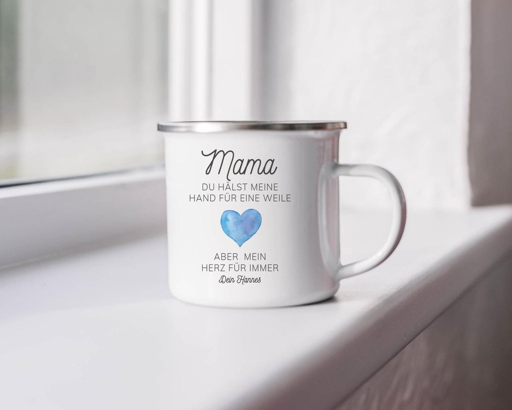 Emaille Tasse Mama, du hältst meine Hand für eine Weile, aber mein Herz für immer mit Wunschname - von Mikalino