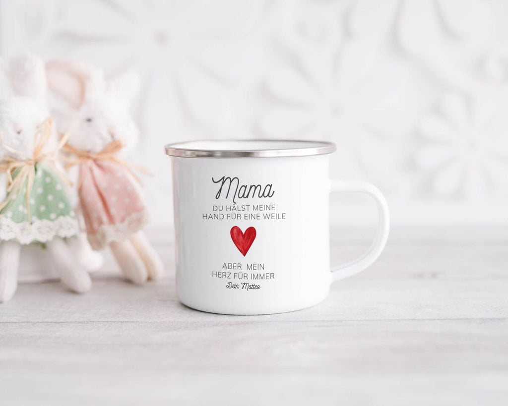 Emaille Tasse Mama, du hälst meine Hand für eine Weile, aber mein Herz für immer mit Wunschname - von Mikalino