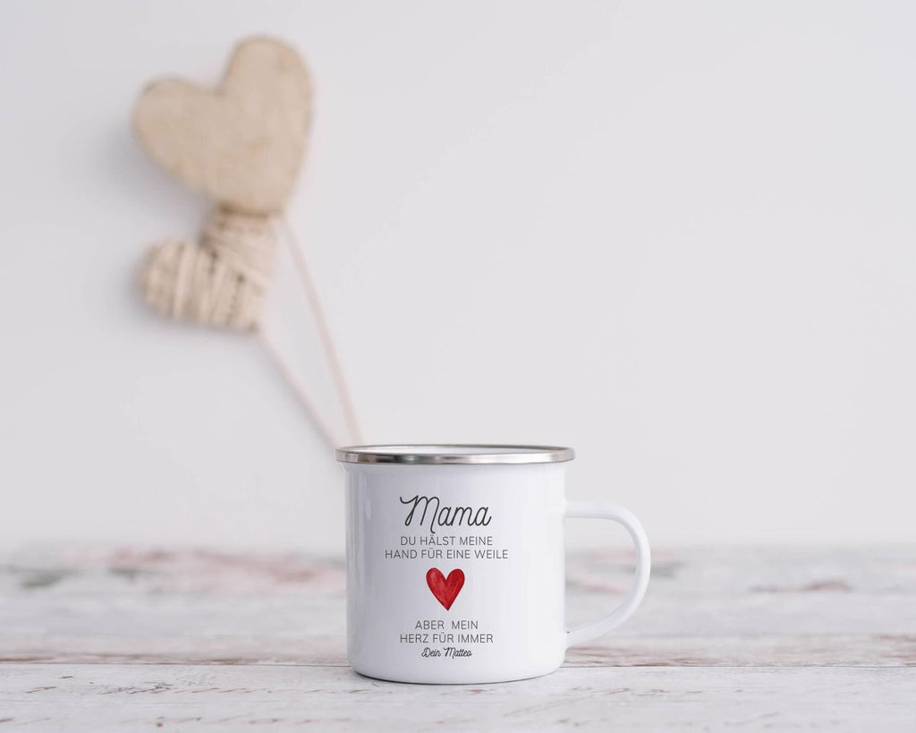 Emaille Tasse Mama, du hälst meine Hand für eine Weile, aber mein Herz für immer mit Wunschname - von Mikalino