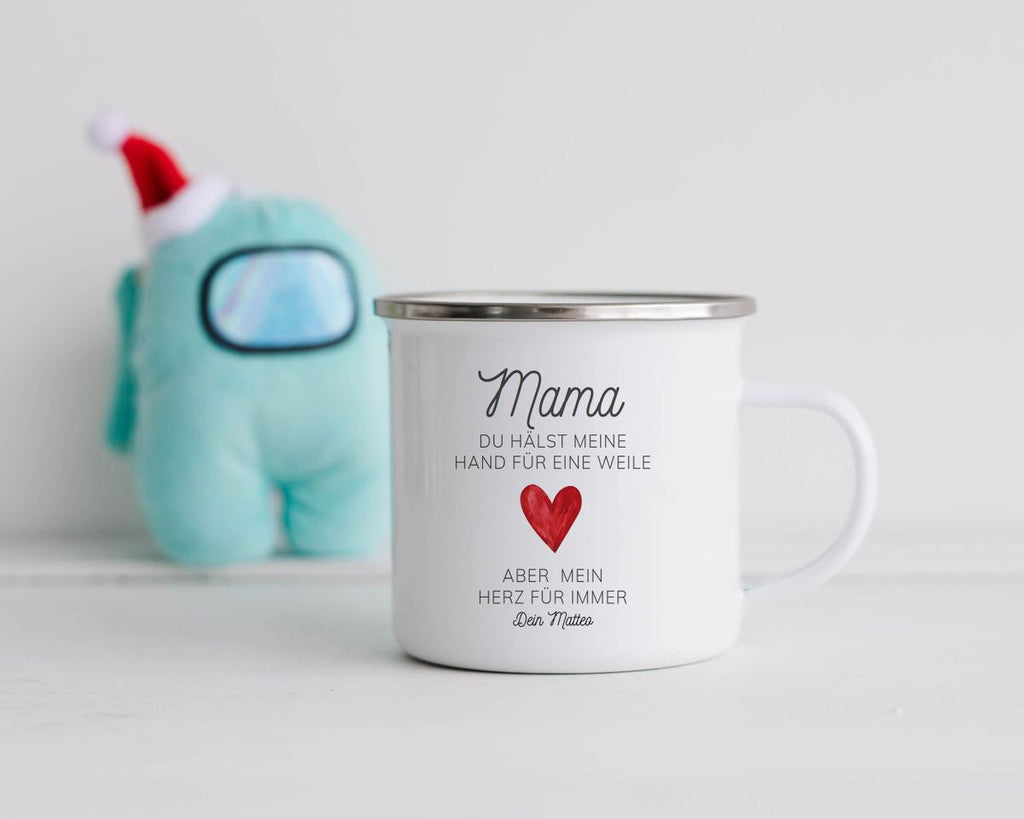 Emaille Tasse Mama, du hälst meine Hand für eine Weile, aber mein Herz für immer mit Wunschname - von Mikalino