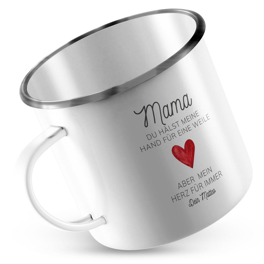 Emaille Tasse Mama, du hälst meine Hand für eine Weile, aber mein Herz für immer mit Wunschname - von Mikalino