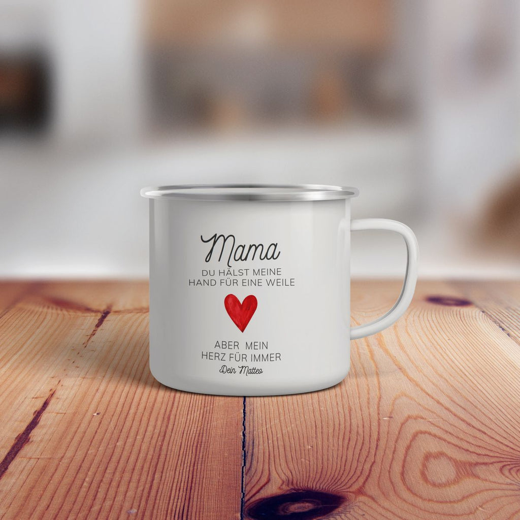 Emaille Tasse Mama, du hälst meine Hand für eine Weile, aber mein Herz für immer mit Wunschname - von Mikalino